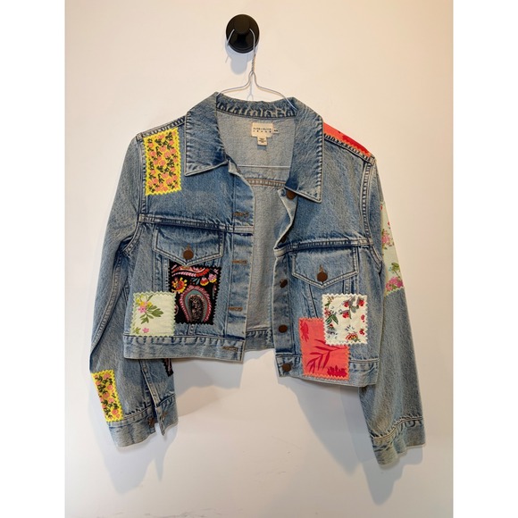 Alice + Olivia Jeans Jackets & Blazers - Alice + Olivia Jeans Patchwork Cropped Denim Jacket Light Wash Floral